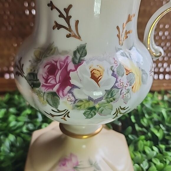 Vintage Porcelain Floral Pitcher Vase With Gold Tone Accent Coquette Bridal - Picture 3 of 17